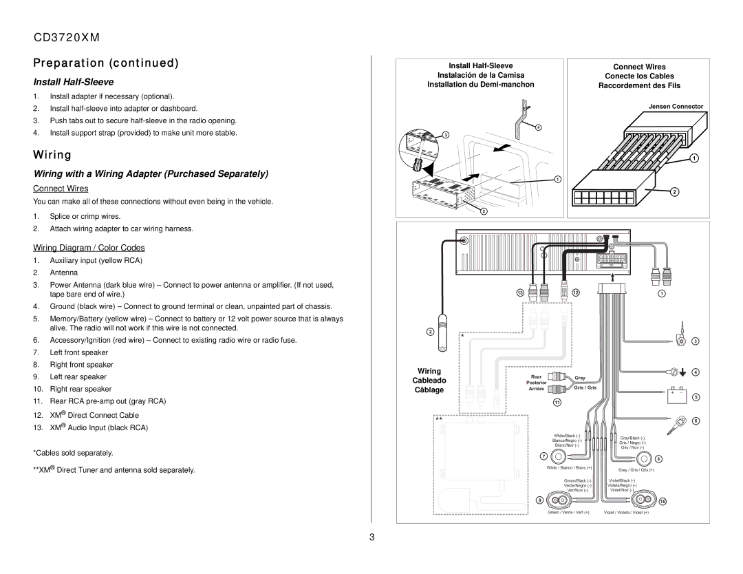 Audiovox owner manual CD3720XM Preparation, Install Half-Sleeve, Wiring with a Wiring Adapter Purchased Separately 