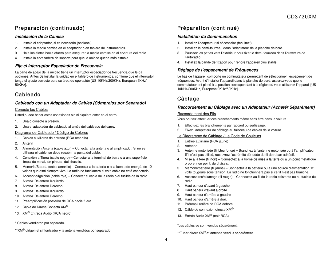 Audiovox owner manual Preparación continuado, Cableado, CD3720XM Préparation continué, Câblage 