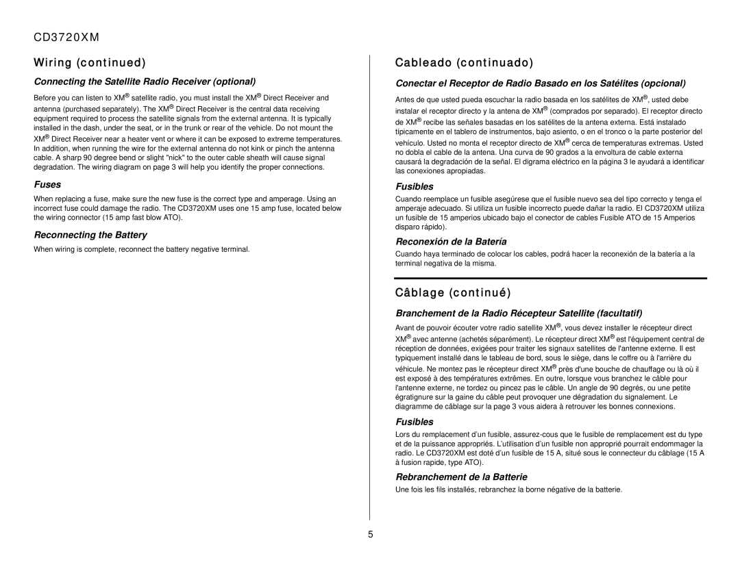 Audiovox owner manual CD3720XM Wiring, Cableado continuado, Câblage continué 