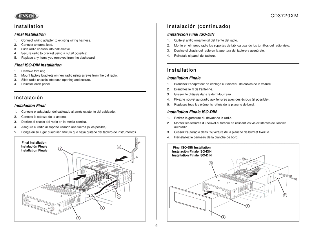 Audiovox owner manual Installation, CD3720XM Instalación continuado 