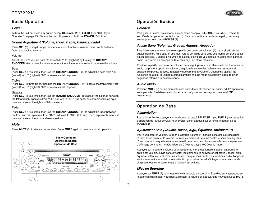 Audiovox owner manual CD3720XM Basic Operation, Operación Básica, Opération de Base 