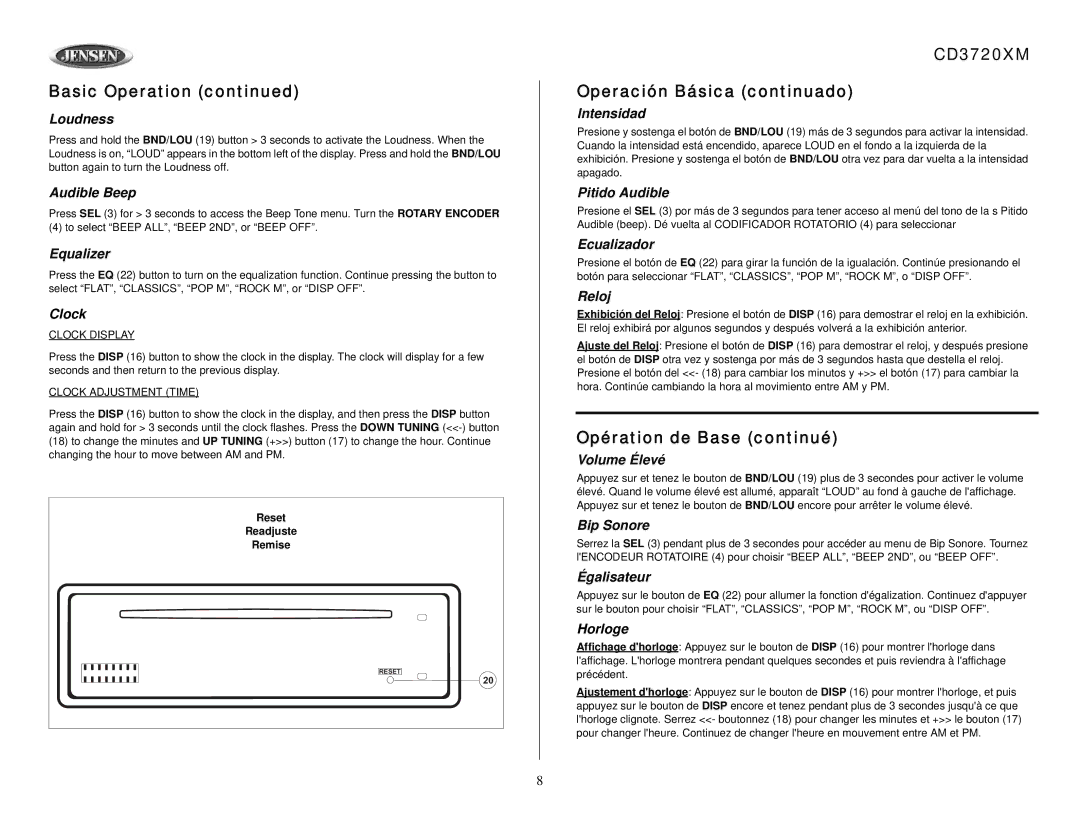 Audiovox owner manual CD3720XM Operación Básica continuado, Opération de Base continué 