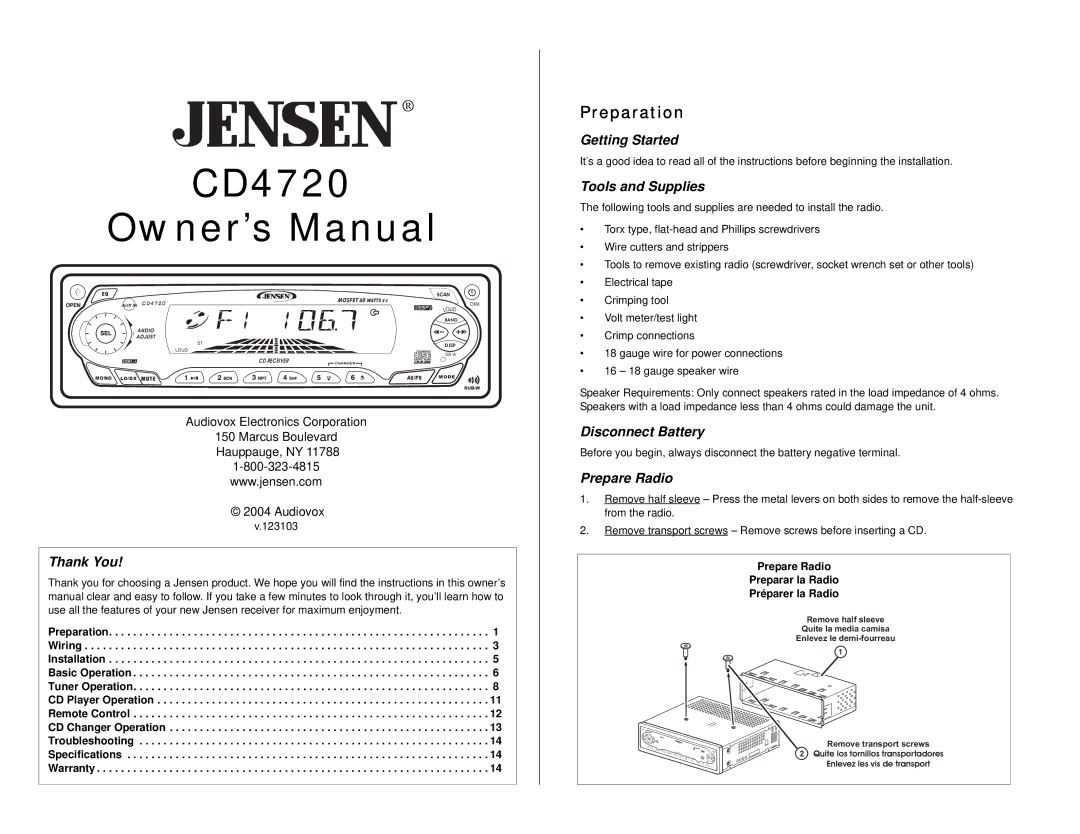 Audiovox CD4720 owner manual Preparation 