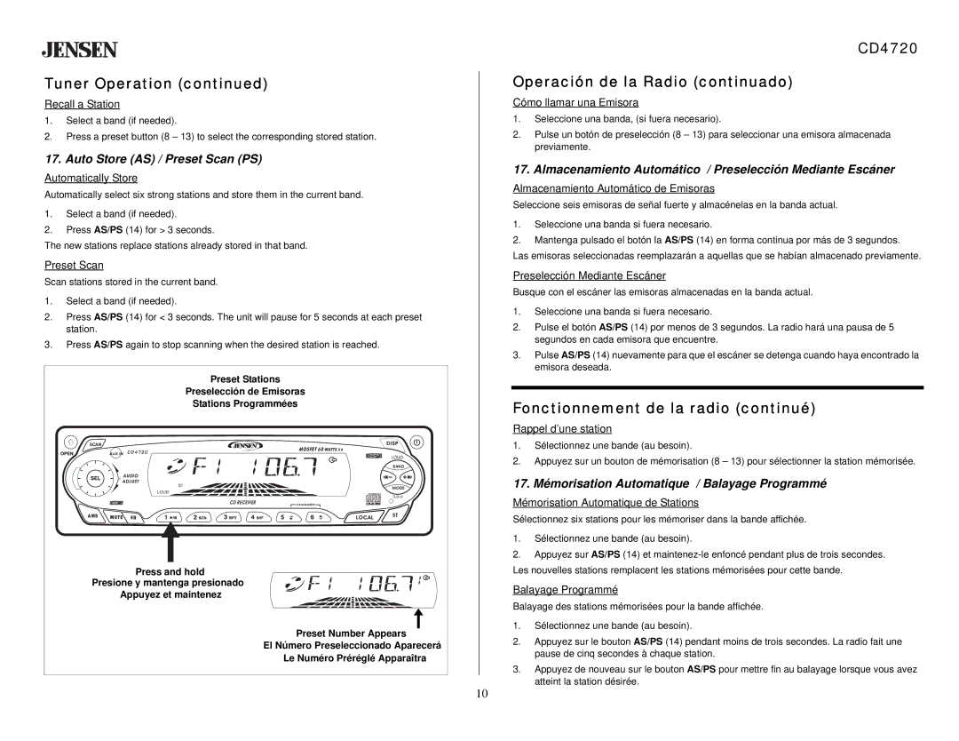 Audiovox owner manual CD4720 Operación de la Radio continuado, Auto Store AS / Preset Scan PS 