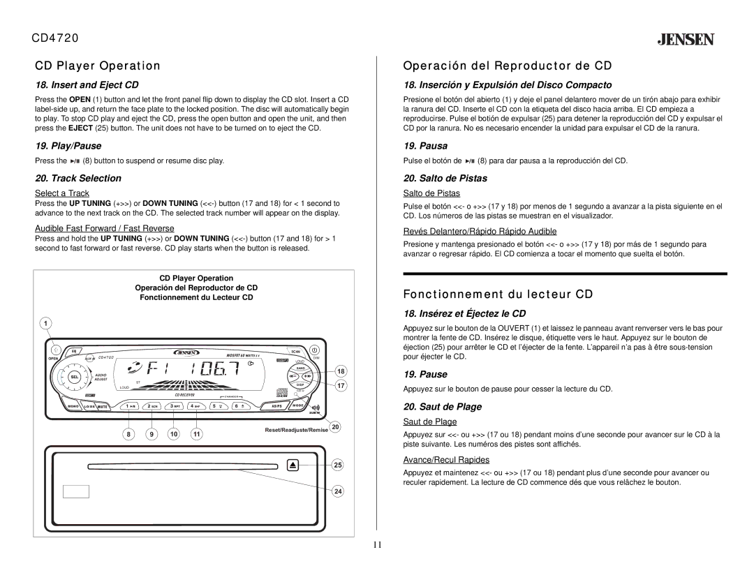 Audiovox owner manual CD4720 CD Player Operation, Operación del Reproductor de CD, Fonctionnement du lecteur CD 