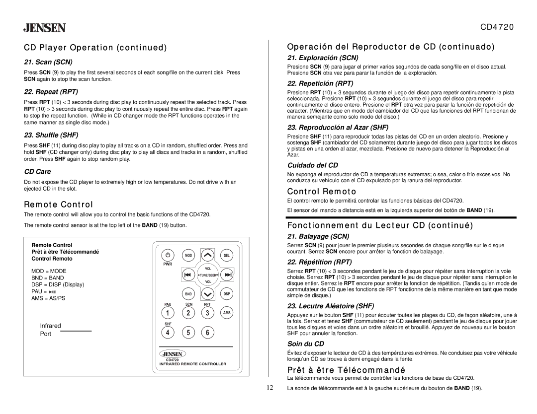 Audiovox Remote Control, CD4720 Operación del Reproductor de CD continuado, Control Remoto, Prêt à être Télécommandé 