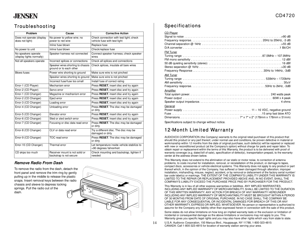 Audiovox owner manual Troubleshooting, CD4720 Specifications, Month Limited Warranty, Remove Radio From Dash 