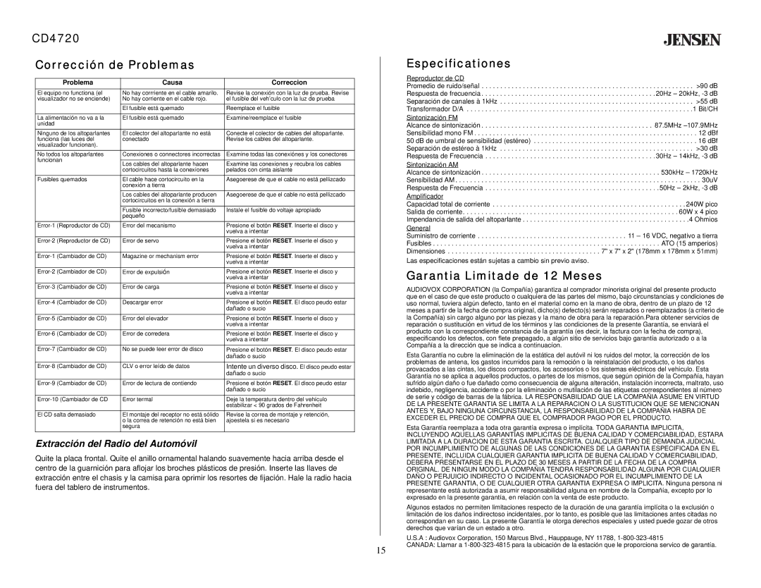 Audiovox owner manual CD4720 Corrección de Problemas, Especificationes, Garantia Limitade de 12 Meses 