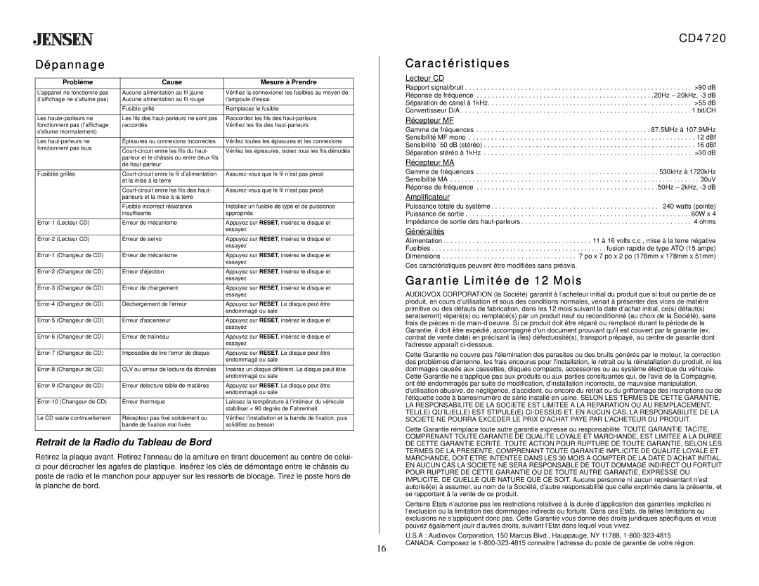 Audiovox Dépannage, CD4720 Caractéristiques, Garantie Limitée de 12 Mois, Retrait de la Radio du Tableau de Bord 