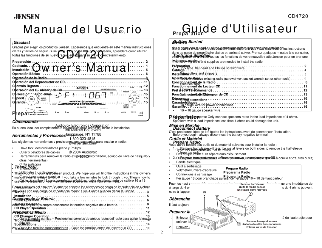 Audiovox CD4720 owner manual Preparación, Préparation 