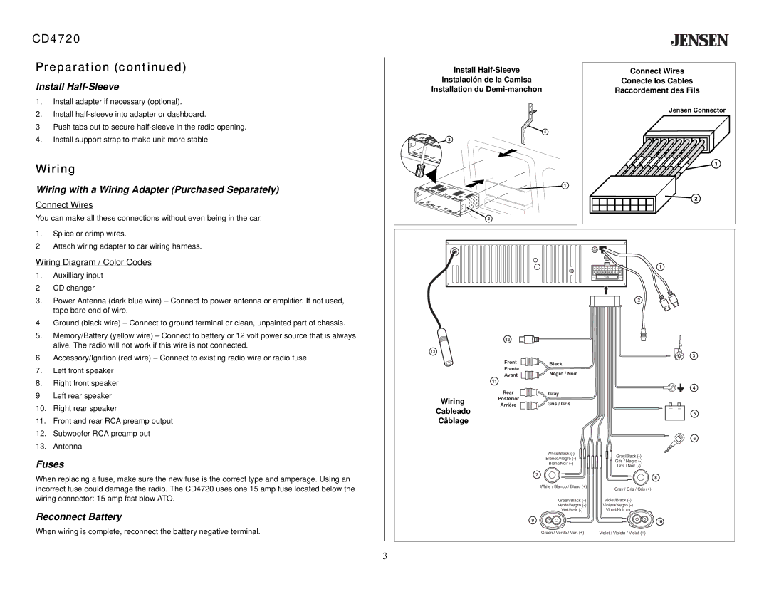 Audiovox owner manual CD4720 Preparation, Wiring 