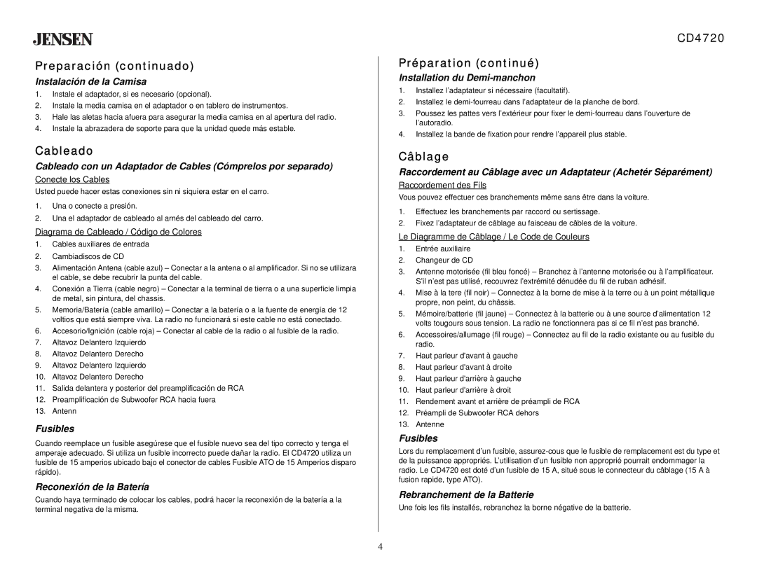 Audiovox owner manual Preparación continuado, Cableado, CD4720 Préparation continué, Câblage 