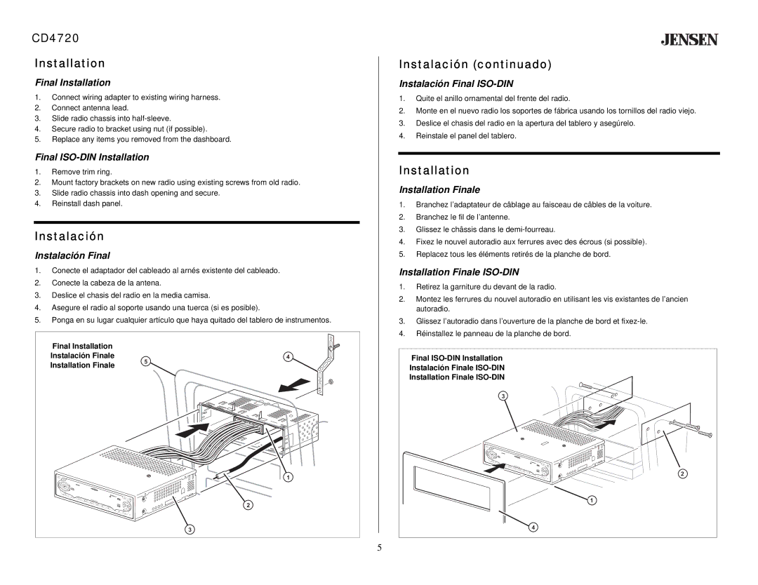 Audiovox owner manual CD4720 Installation, Instalación continuado 