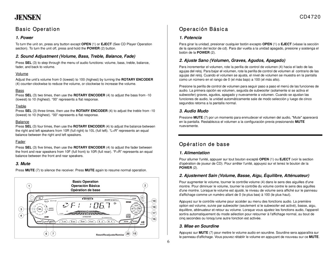 Audiovox owner manual Basic Operation, CD4720 Operación Básica, Opération de base 