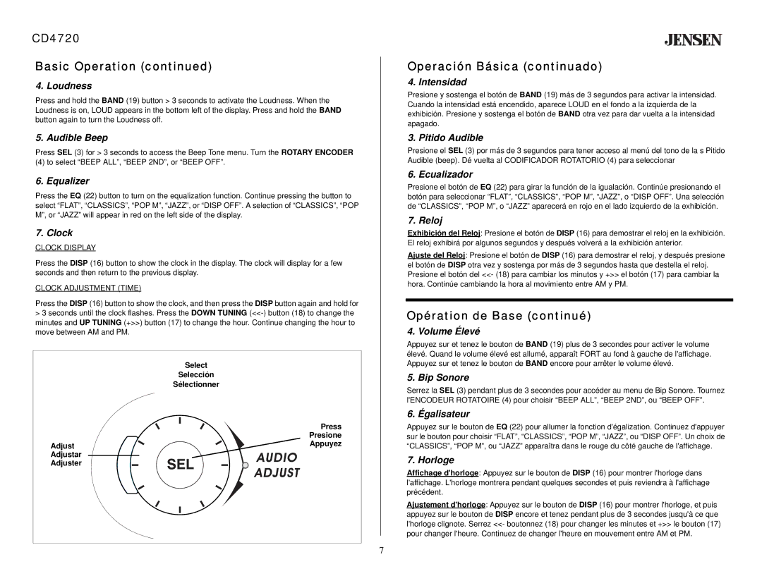 Audiovox owner manual CD4720 Basic Operation, Operación Básica continuado, Opération de Base continué 