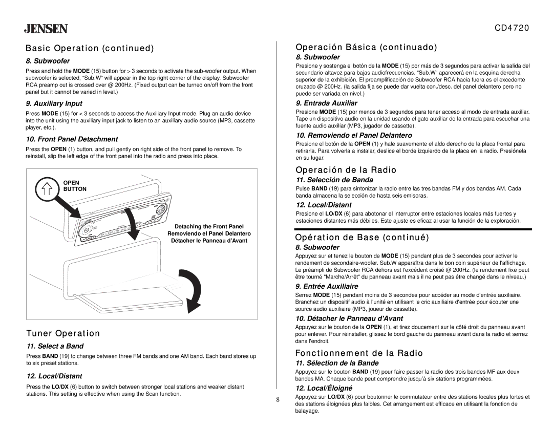 Audiovox CD4720 Operación Básica continuado, Operación de la Radio, Tuner Operation, Fonctionnement de la Radio 