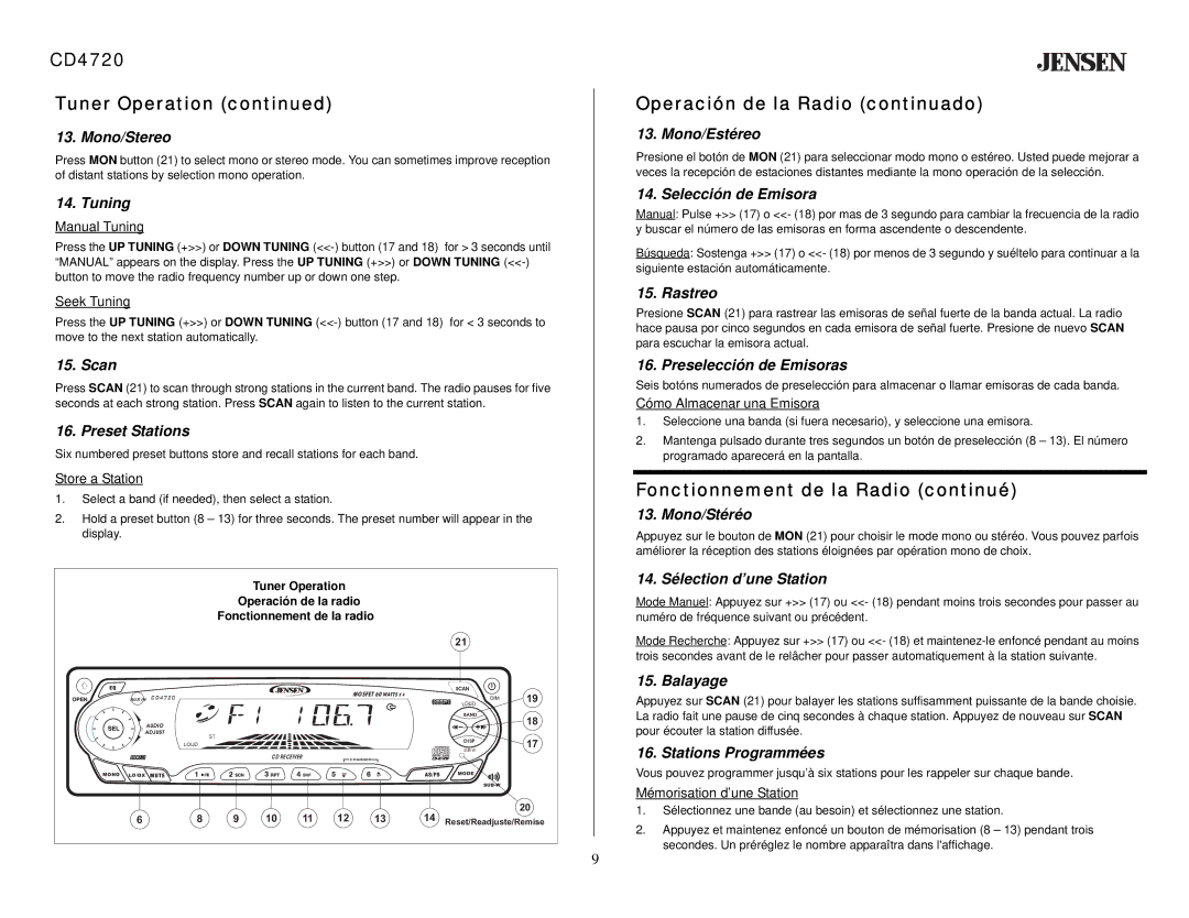 Audiovox owner manual CD4720 Tuner Operation, Operación de la Radio continuado, Fonctionnement de la Radio continué 