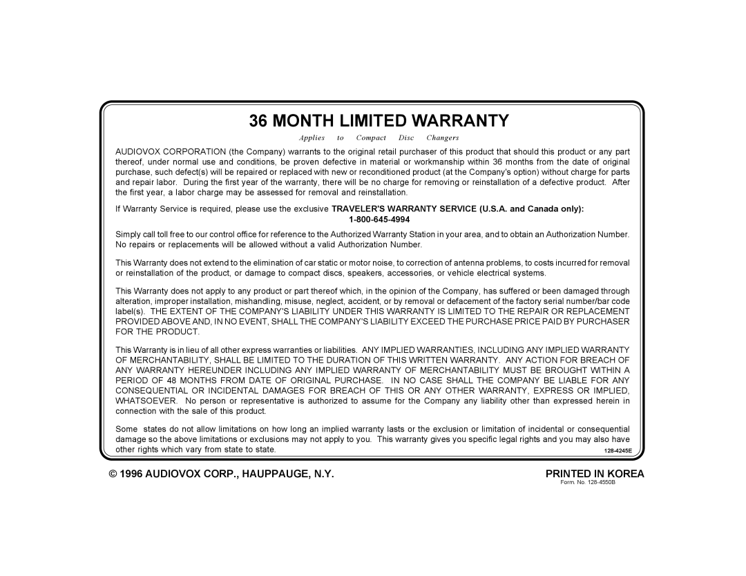 Audiovox CDC-825, CDC-10R owner manual Month Limited Warranty 