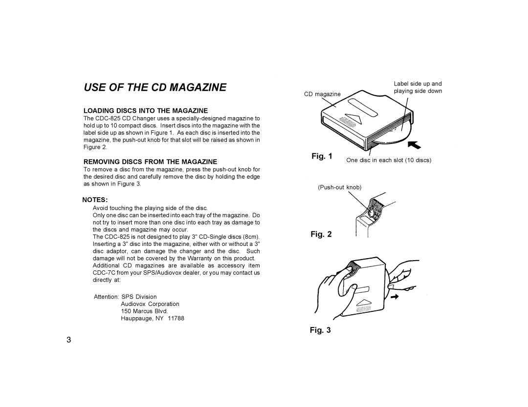 Audiovox CDC-825, CDC-10R USE of the CD Magazine, Loading Discs Into the Magazine, Removing Discs from the Magazine 