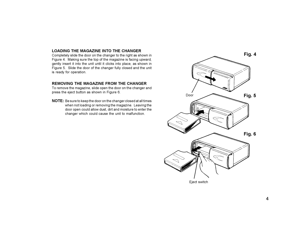 Audiovox CDC-10R, CDC-825 owner manual Loading the Magazine Into the Changer, Removing the Magazine from the Changer 