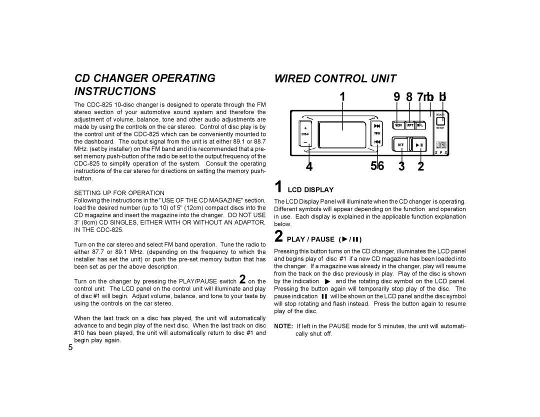 Audiovox CDC-825, CDC-10R owner manual CD Changer Operating Instructions, Wired Control Unit, LCD Display, Play / Pause 