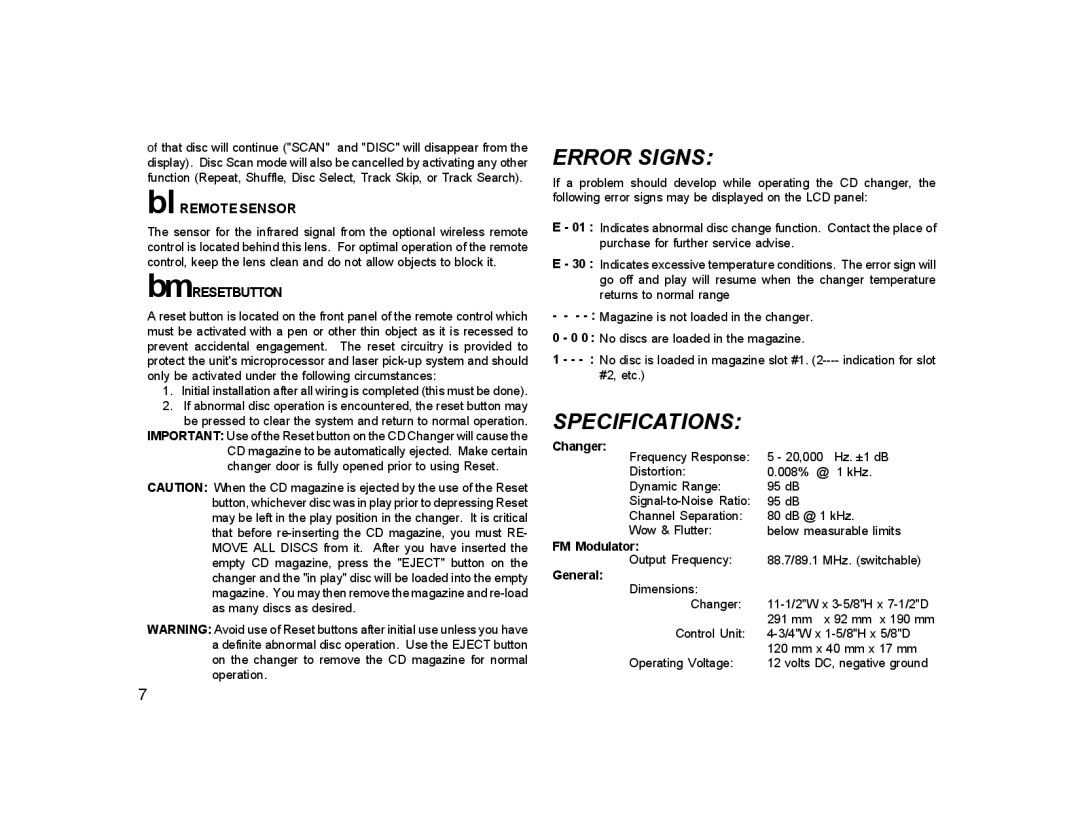 Audiovox CDC-825, CDC-10R owner manual Error Signs, Specifications, BlREMOTE Sensor, BmRESETBUTTON 