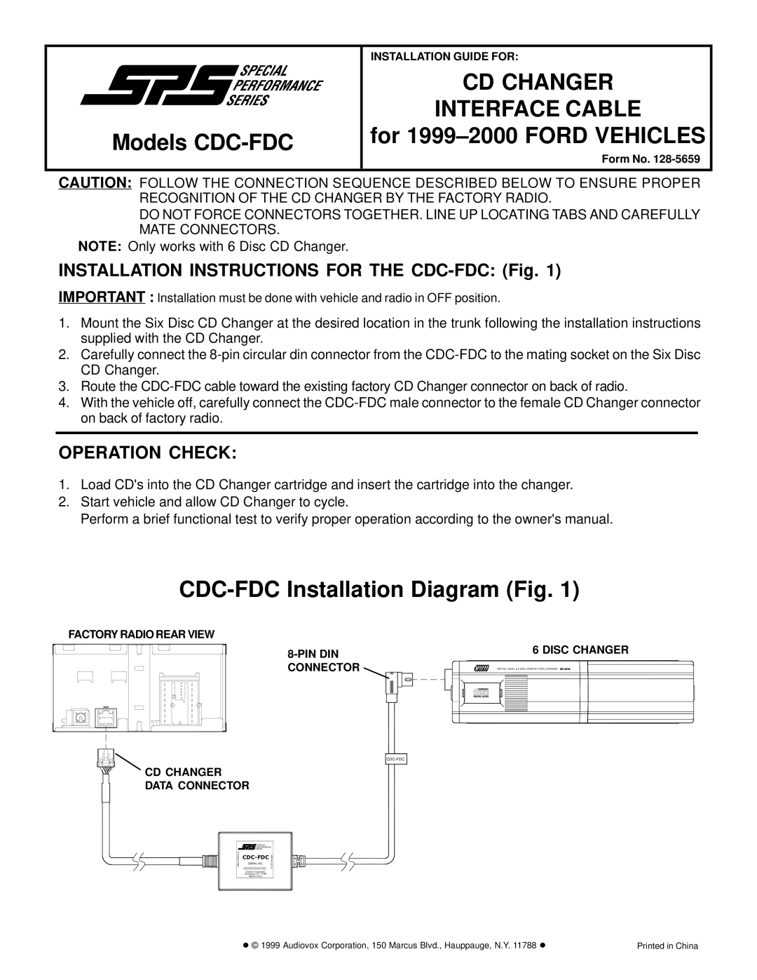 Audiovox installation instructions CD Changer, Models CDC-FDC, CDC-FDC Installation Diagram Fig, Operation Check 
