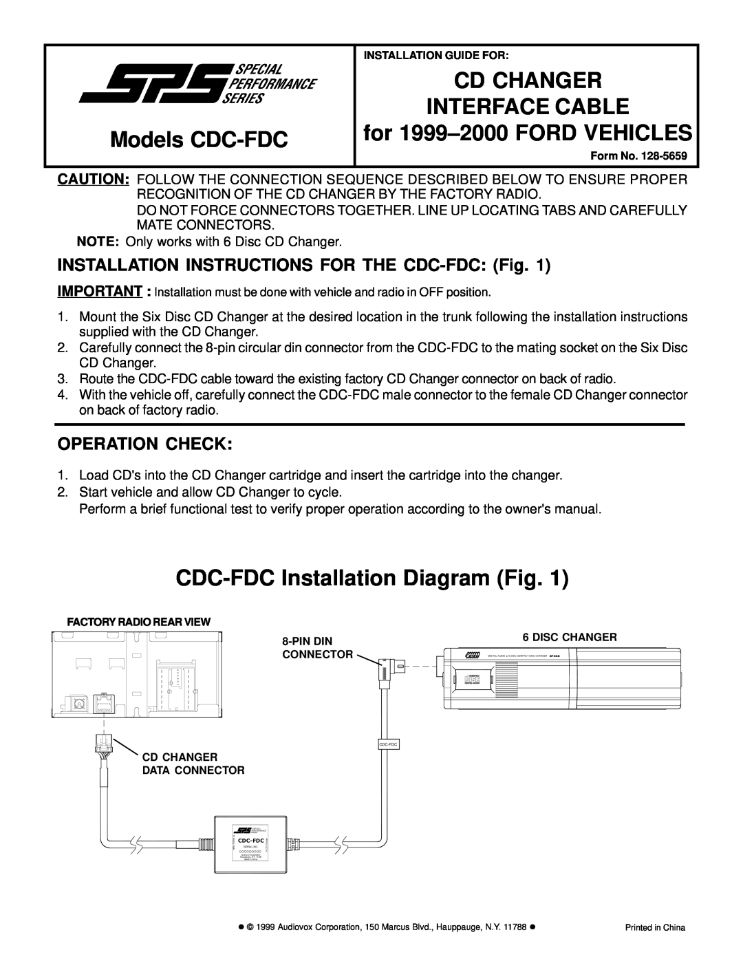 Audiovox installation instructions Cd Changer, Models CDC-FDC, CDC-FDC Installation Diagram Fig, Interface Cable 