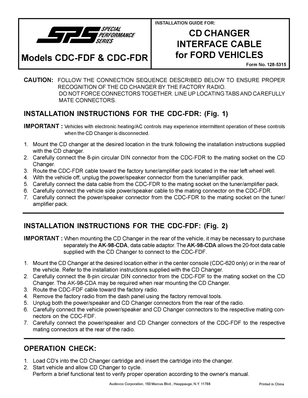 Audiovox installation instructions Models CDC-FDF & CDC-FDR, CD Changer, Interface Cable for Ford Vehicles 