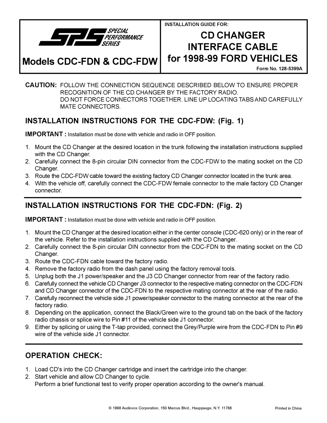 Audiovox installation instructions Models CDC-FDN & CDC-FDW, CD Changer Interface Cable, For 1998-99 Ford Vehicles 