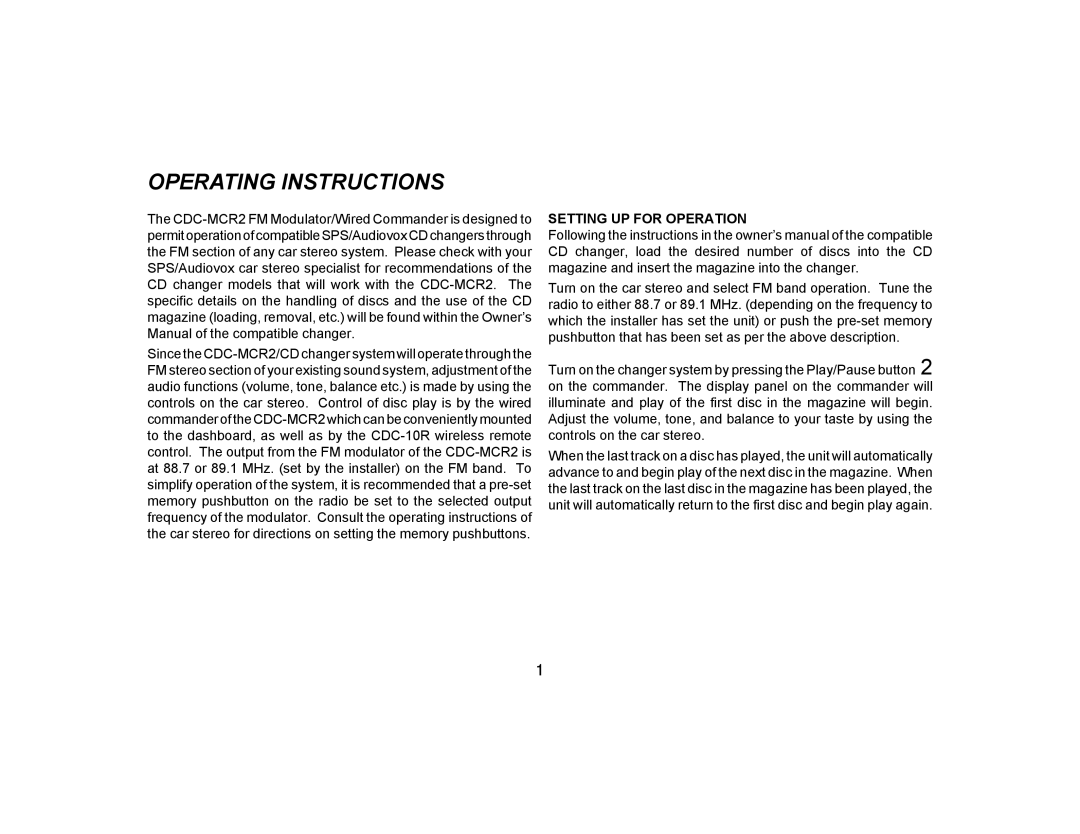 Audiovox CDC-MCR2 owner manual Operating Instructions, Setting UP for Operation 