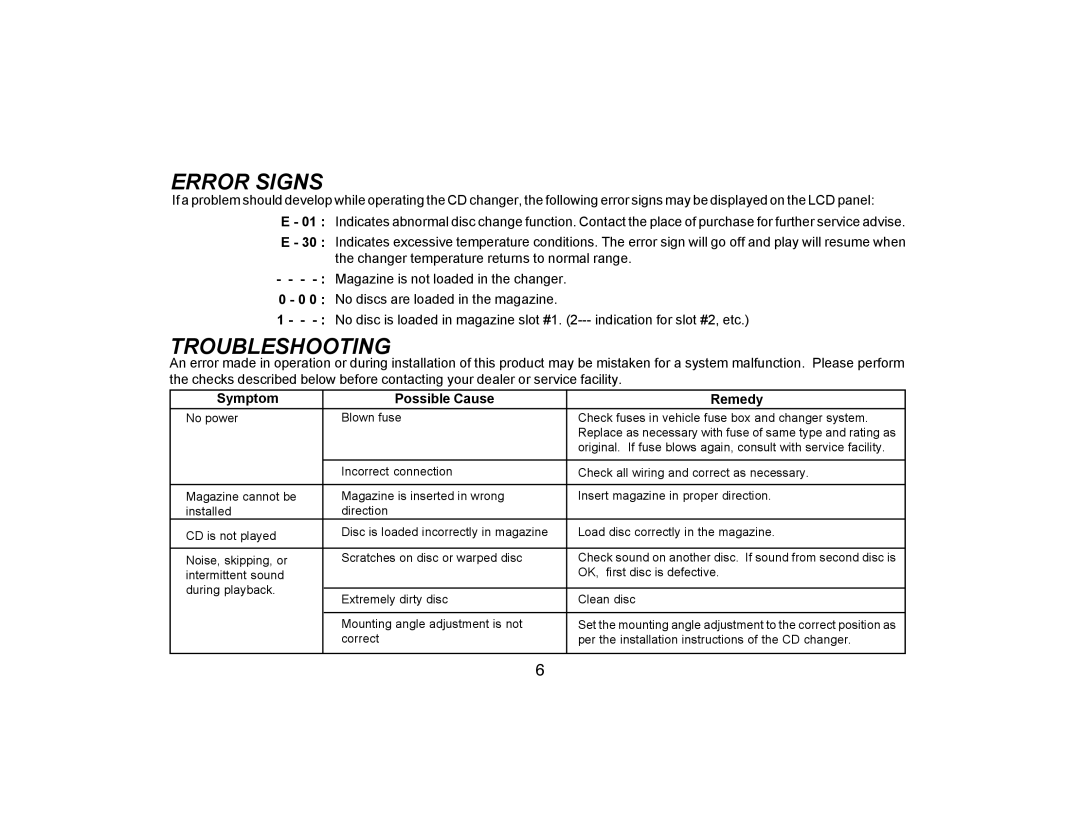 Audiovox CDC-MCR2 owner manual Error Signs, Troubleshooting 