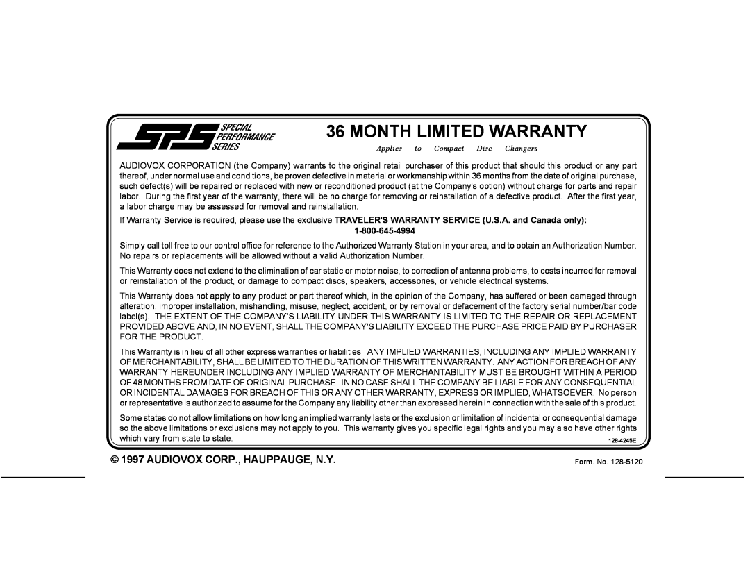 Audiovox CDC-MCR2 owner manual Month Limited Warranty, Applies to Compact Disc Changers, Audiovox Corp., Hauppauge, N.Y 