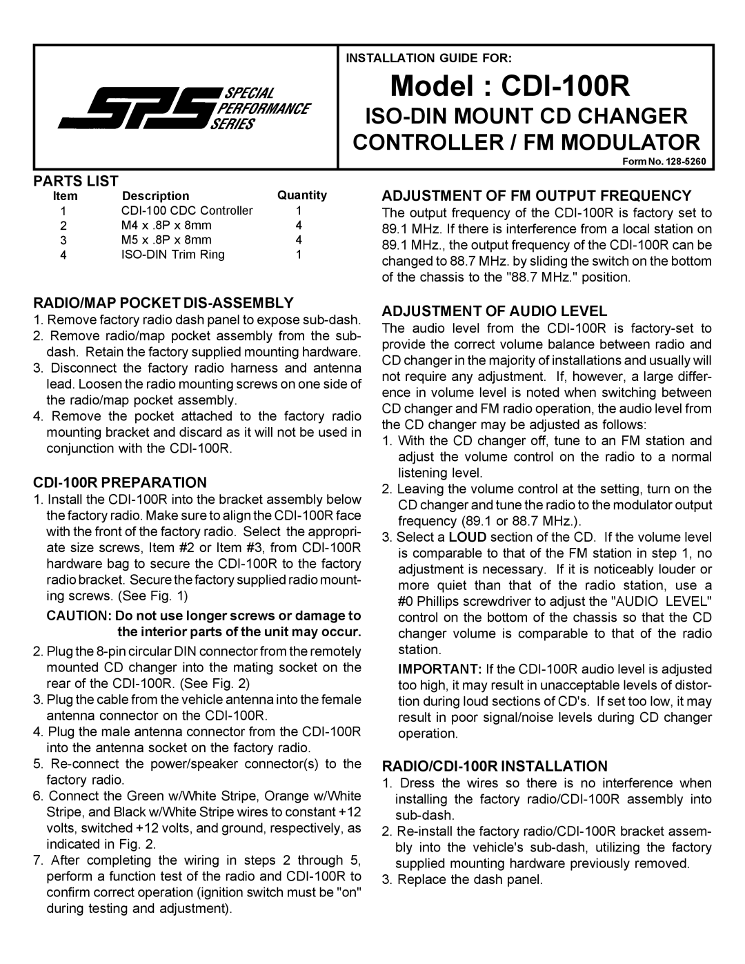 Audiovox CDI-100R manual Parts List, Adjustment of FM Output Frequency, RADIO/MAP Pocket DIS-ASSEMBLY 