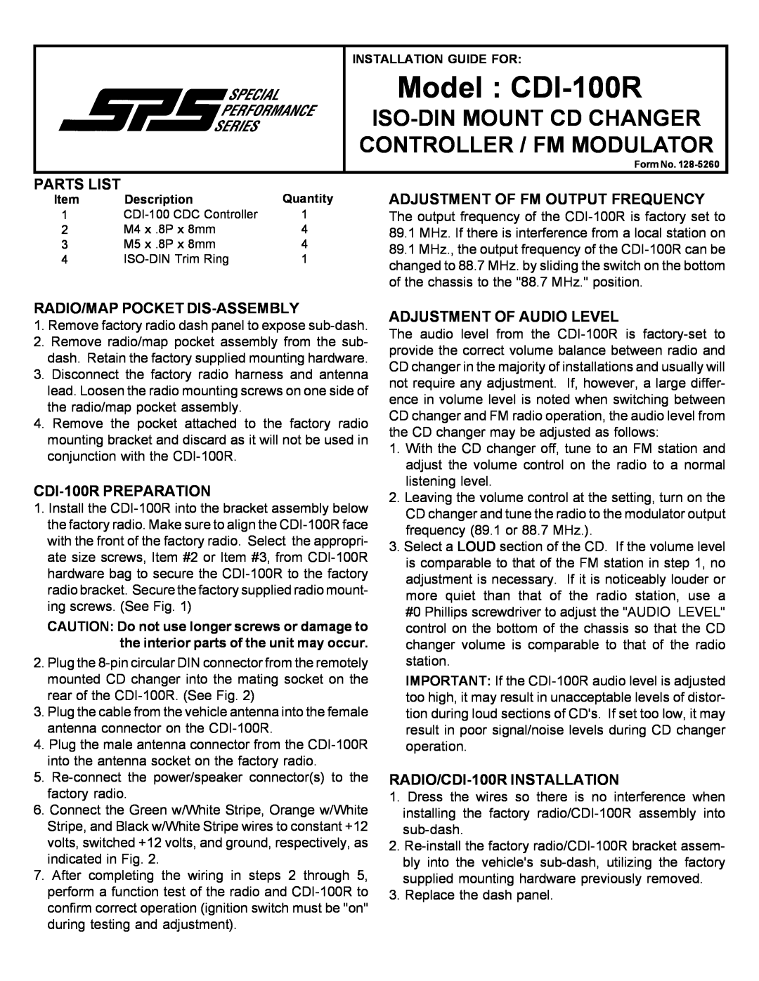 Audiovox manual Model CDI-100R, Iso-Dinmount Cd Changer Controller / Fm Modulator, Parts List, CDI-100RPREPARATION 