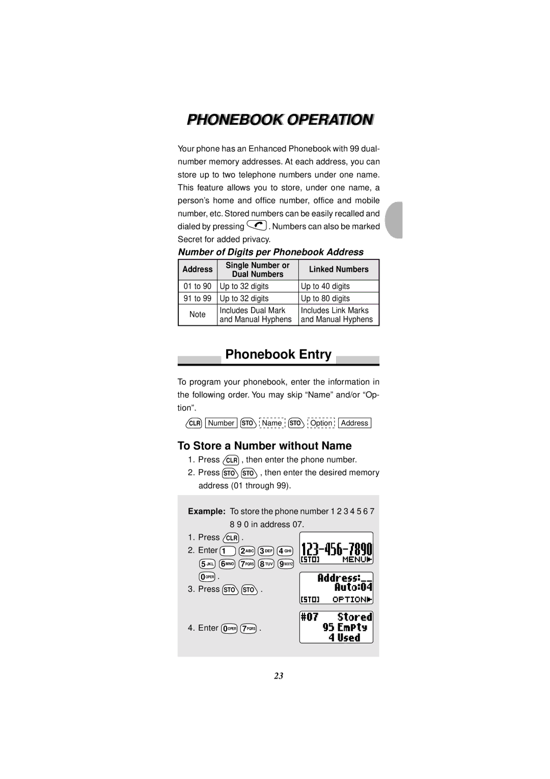 Audiovox CDM-4000, CDM-4000 XL manual Phonebook Operationi, Phonebook Entry, To Store a Number without Name 