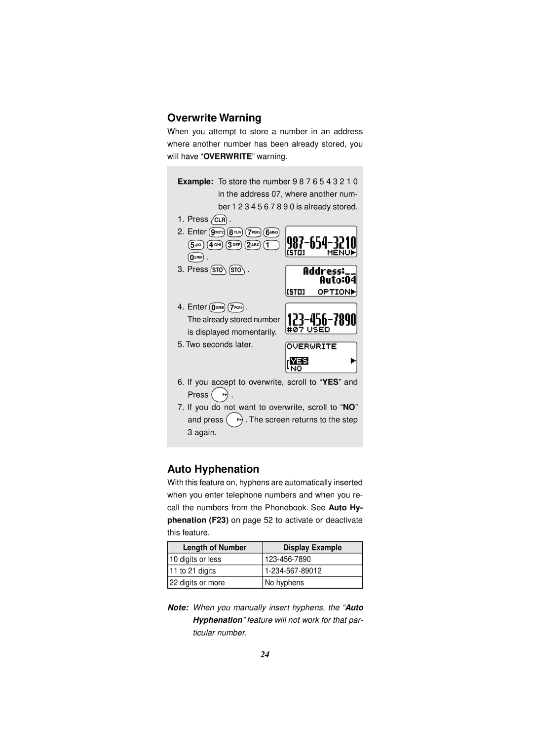 Audiovox CDM-4000, CDM-4000 XL manual Overwrite Warning, Auto Hyphenation, Enter 9 Wxyz, Length of Number Display Example 