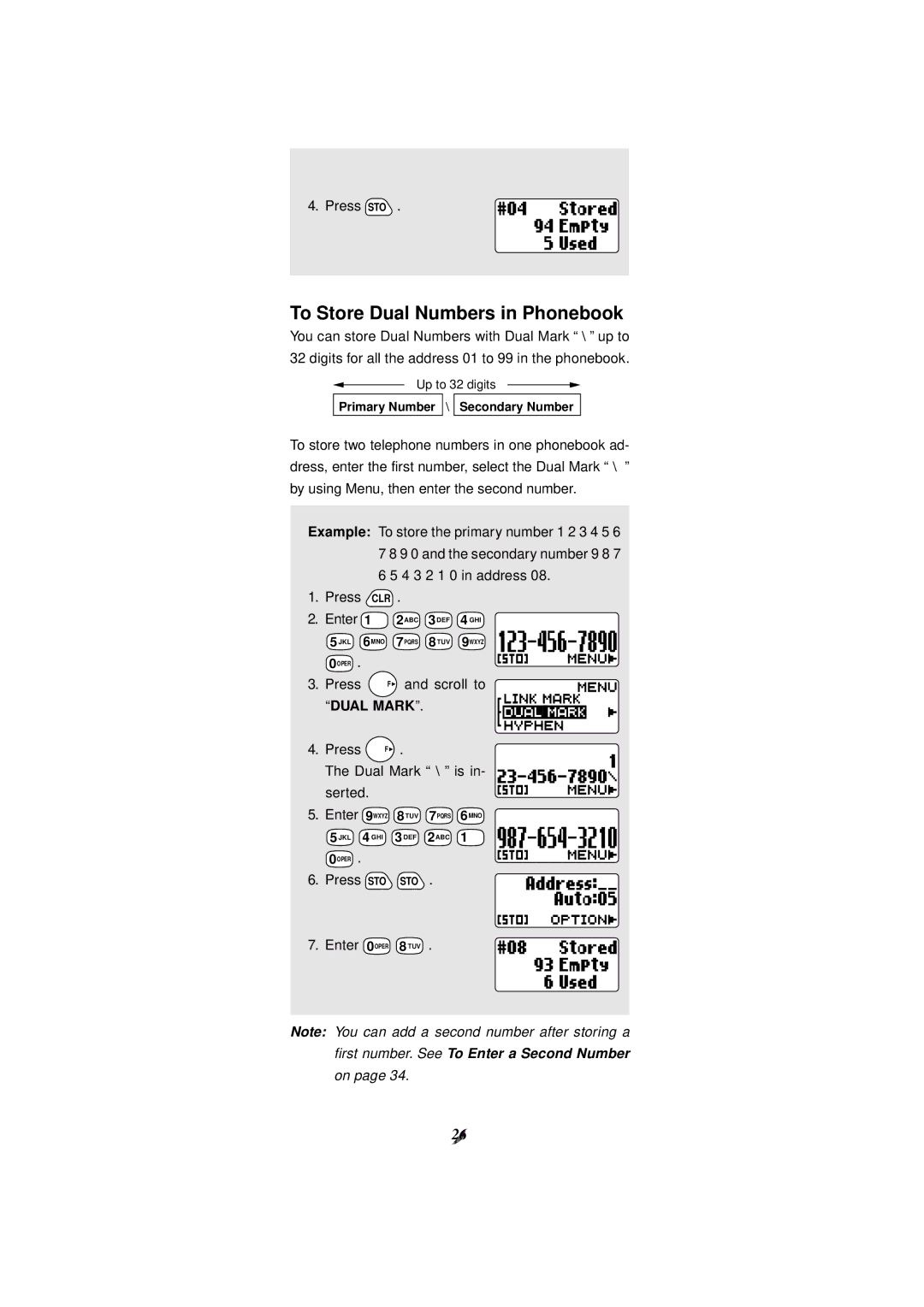 Audiovox CDM-4000, CDM-4000 XL manual To Store Dual Numbers in Phonebook, Scroll to, Dual Mark \ is, Serted Enter 9 Wxyz 