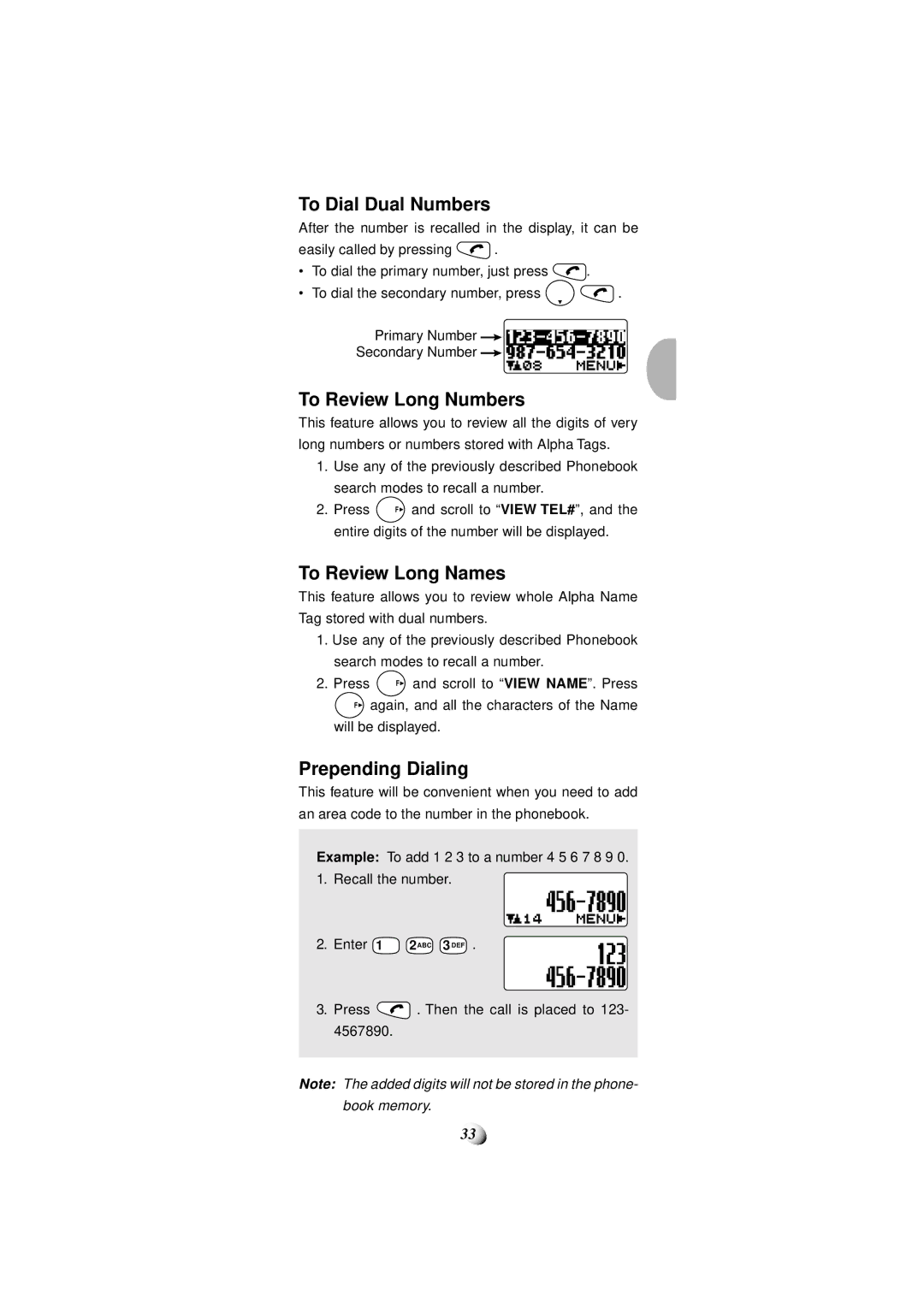 Audiovox CDM-4000 manual To Dial Dual Numbers, To Review Long Numbers, To Review Long Names, Prepending Dialing 