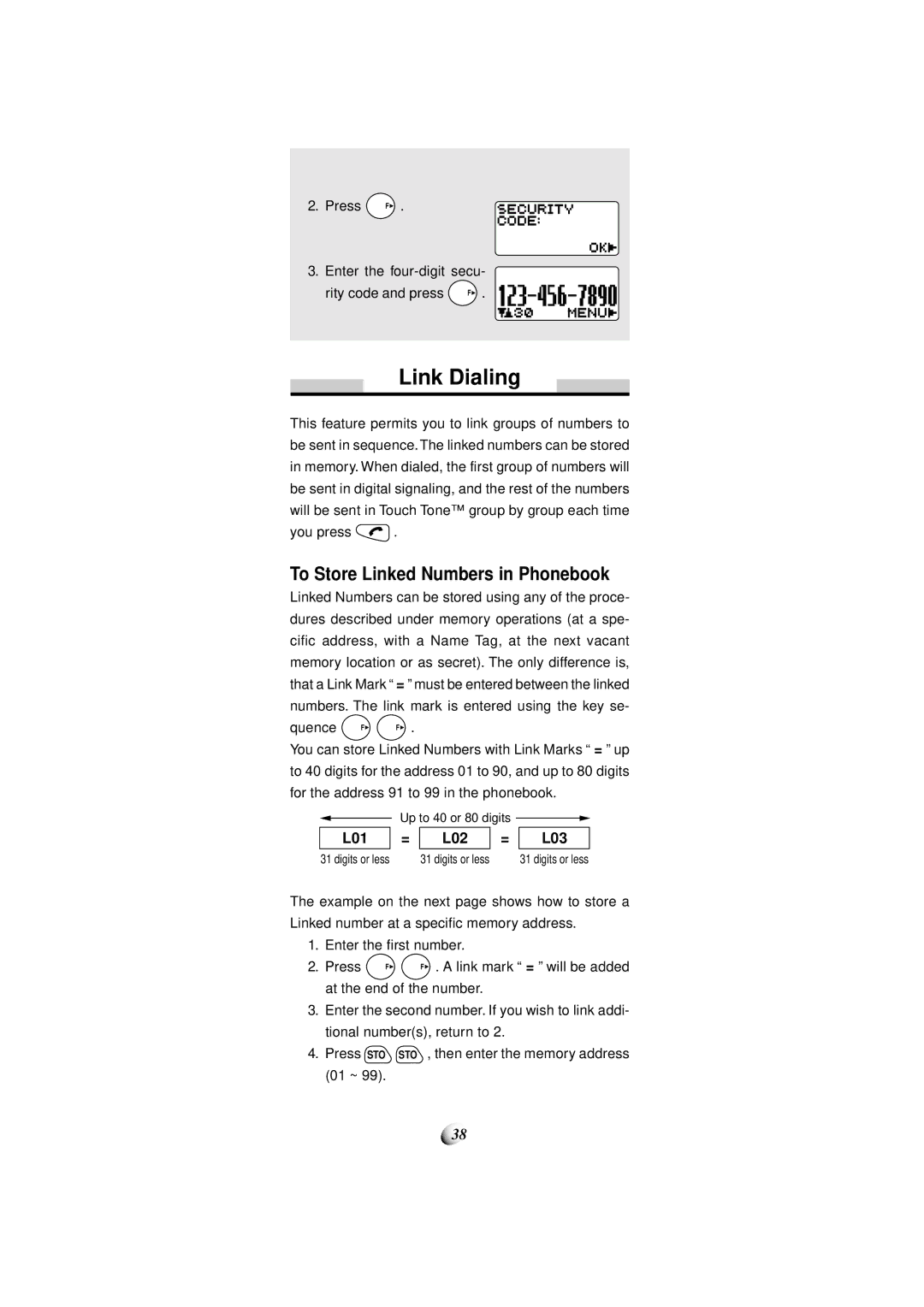 Audiovox CDM-4000, CDM-4000 XL manual Link Dialing, To Store Linked Numbers in Phonebook 