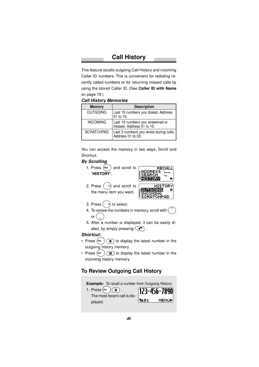 Audiovox CDM-4000, CDM-4000 XL manual To Review Outgoing Call History, Call History Memories, By Scrolling, Shortcut 