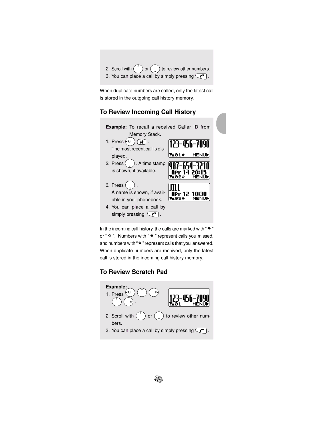 Audiovox CDM-4000, CDM-4000 XL manual To Review Incoming Call History, To Review Scratch Pad, Example Press Rcl 