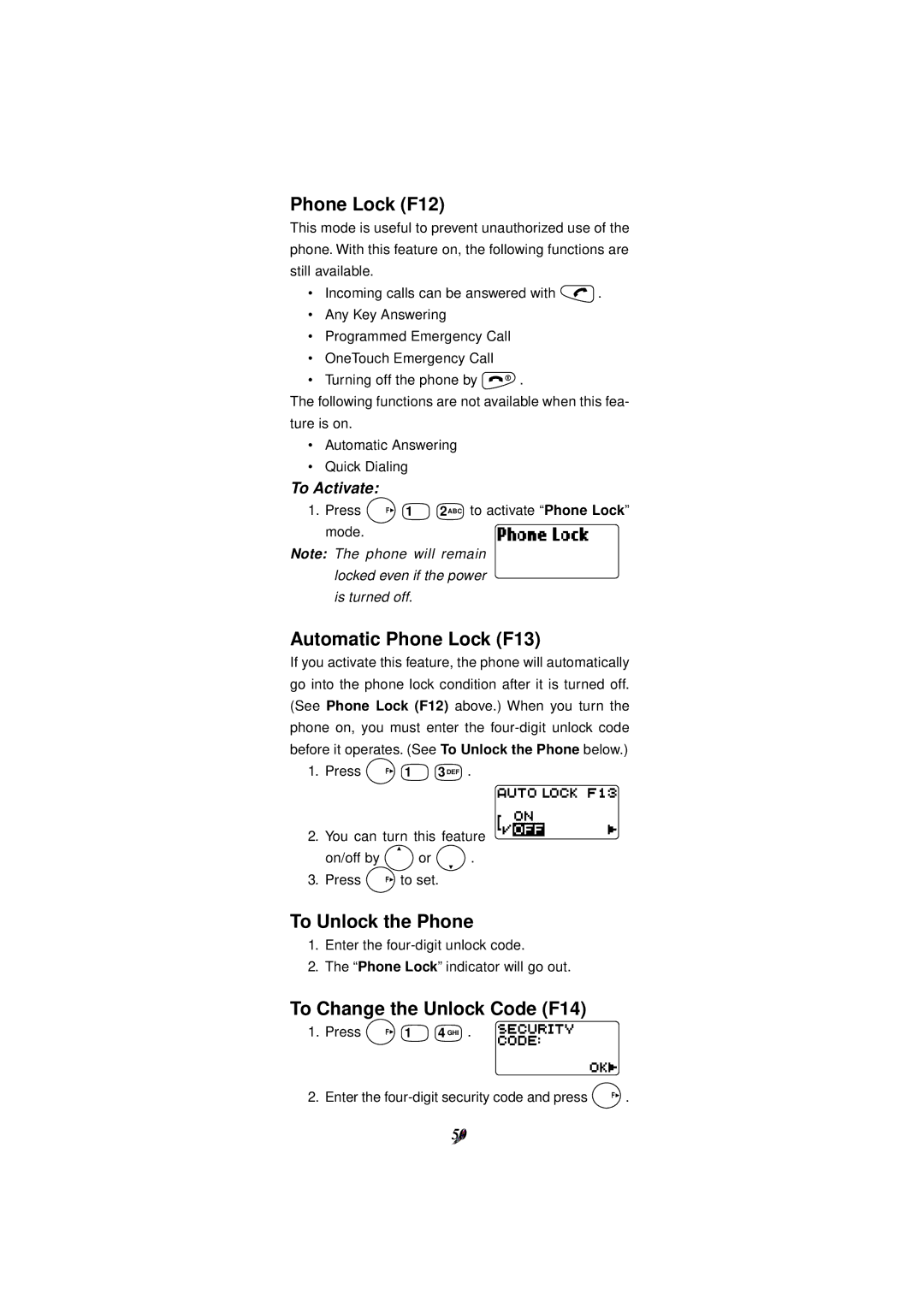 Audiovox CDM-4000, CDM-4000 XL manual Phone Lock F12, Automatic Phone Lock F13, To Unlock the Phone, To Activate 