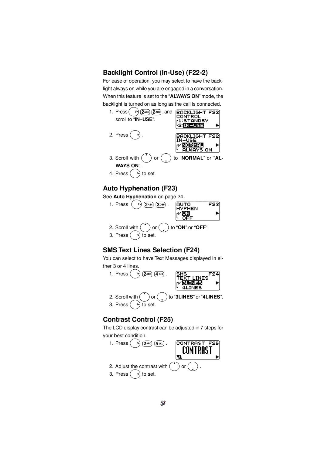 Audiovox CDM-4000, CDM-4000 XL manual Backlight Control In-Use F22-2, Auto Hyphenation F23, SMS Text Lines Selection F24 