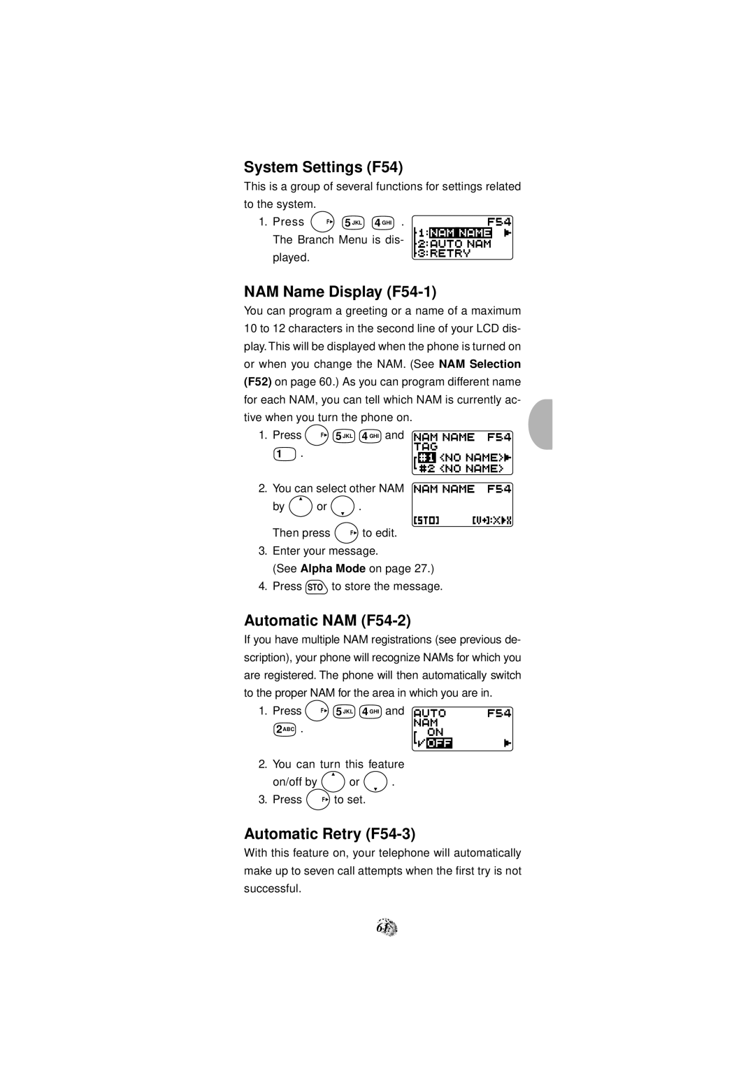 Audiovox CDM-4000 manual System Settings F54, NAM Name Display F54-1, Automatic NAM F54-2, Automatic Retry F54-3 