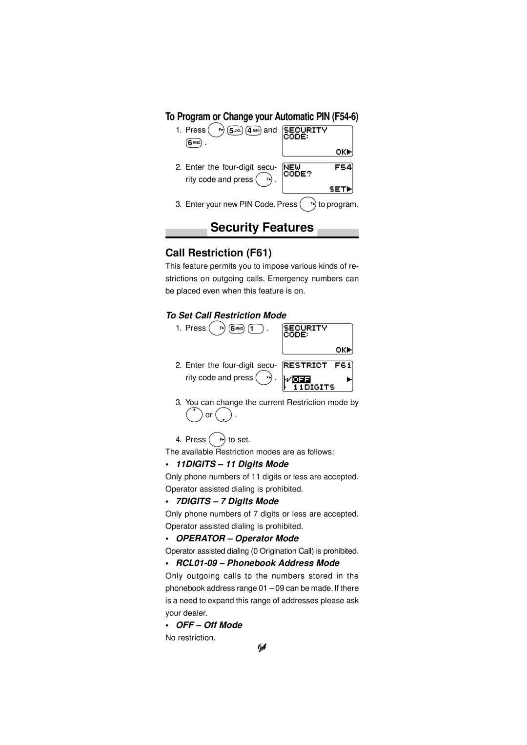 Audiovox CDM-4000, CDM-4000 XL Security Features, To Program or Change your Automatic PIN F54-6, Call Restriction F61 