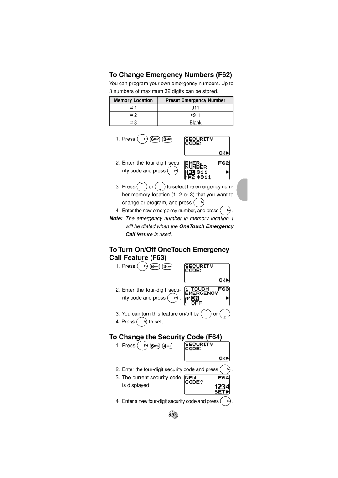 Audiovox CDM-4000 manual To Change Emergency Numbers F62, To Turn On/Off OneTouch Emergency Call Feature F63 