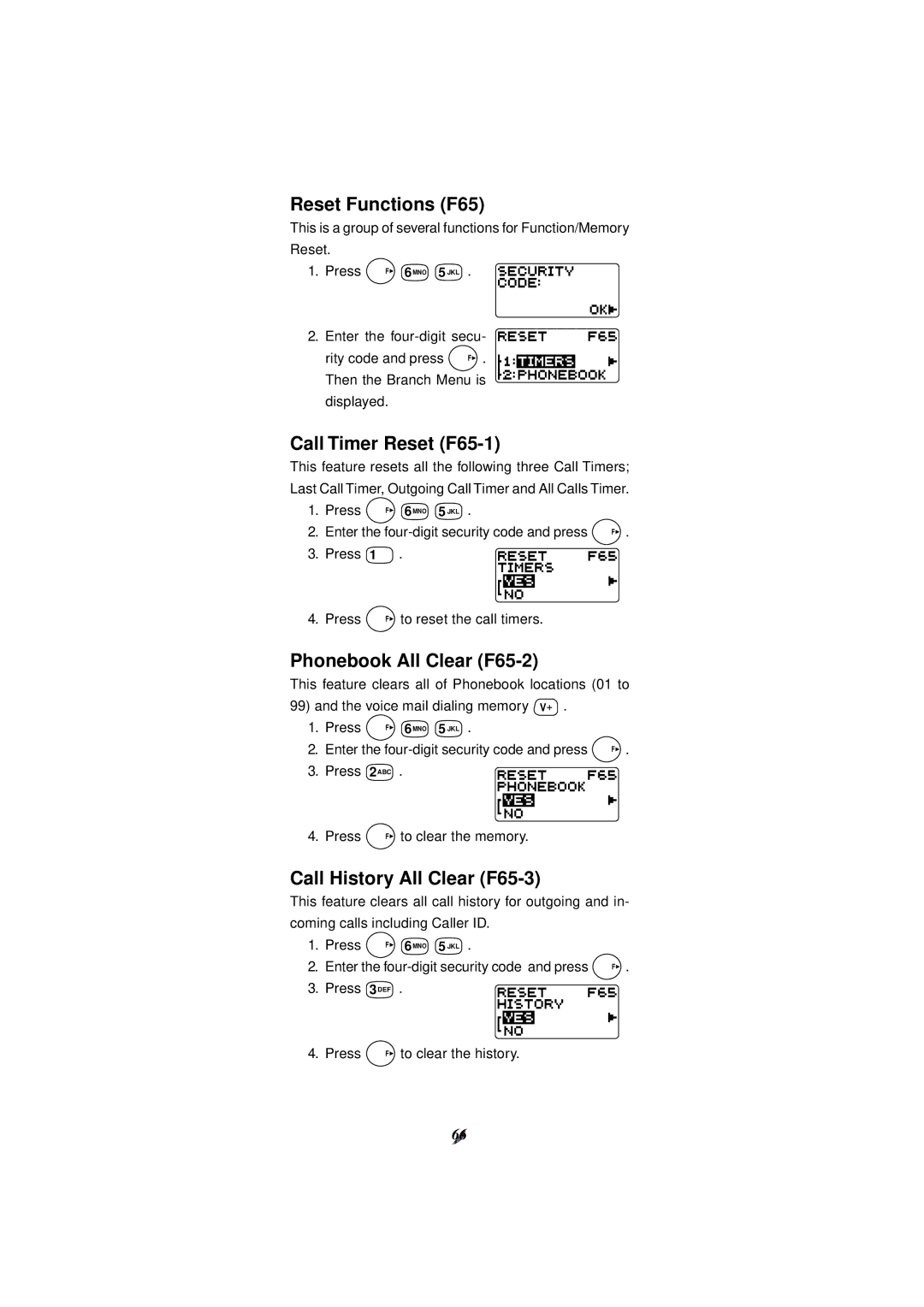 Audiovox CDM-4000, CDM-4000 XL manual Reset Functions F65, Call Timer Reset F65-1, Phonebook All Clear F65-2 