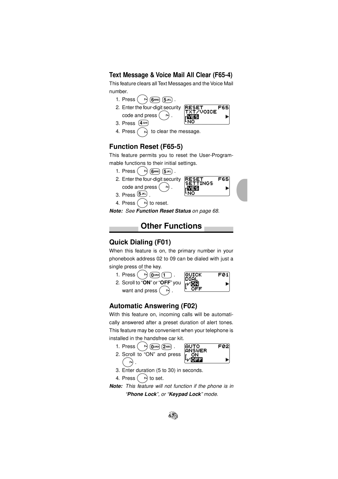Audiovox CDM-4000 Other Functions, Text Message & Voice Mail All Clear F65-4, Function Reset F65-5, Quick Dialing F01 