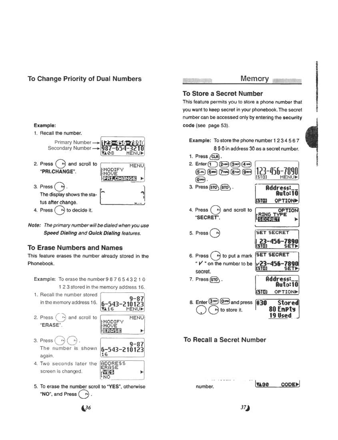 Audiovox CDM 4500 manual To Change Priority of Dual Numbers, To Recall a Secret Number, 37J, LJ6 